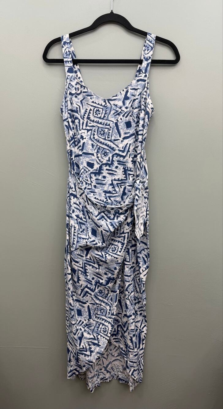 Vintage By Choice California Blue White Abstract Wrap Midi Dress Made in USA